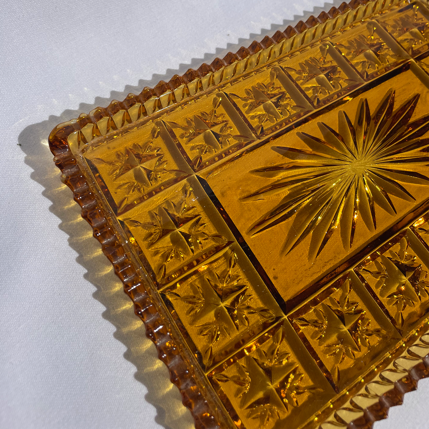 Golden Amber vintage etched glass plate