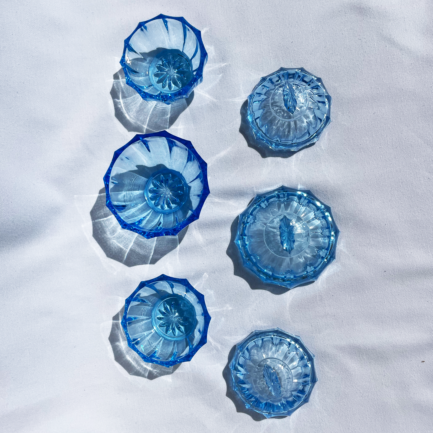 Aquamarine blue glass trinket pot set