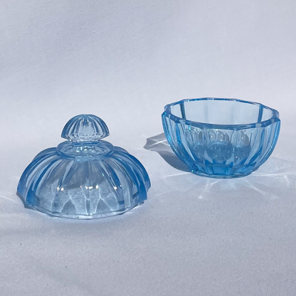 Aquamarine blue glass trinket pot set